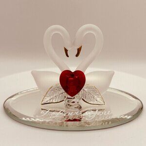 Glass Baron Clear Swan Figurine Red Heart Mirror Base 1.8”